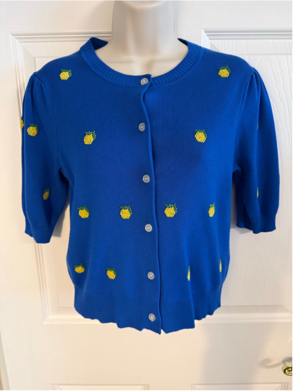 Free Assembly Blue Beaded Pineapple Cardigan Puff Sleeve Sweater Size S